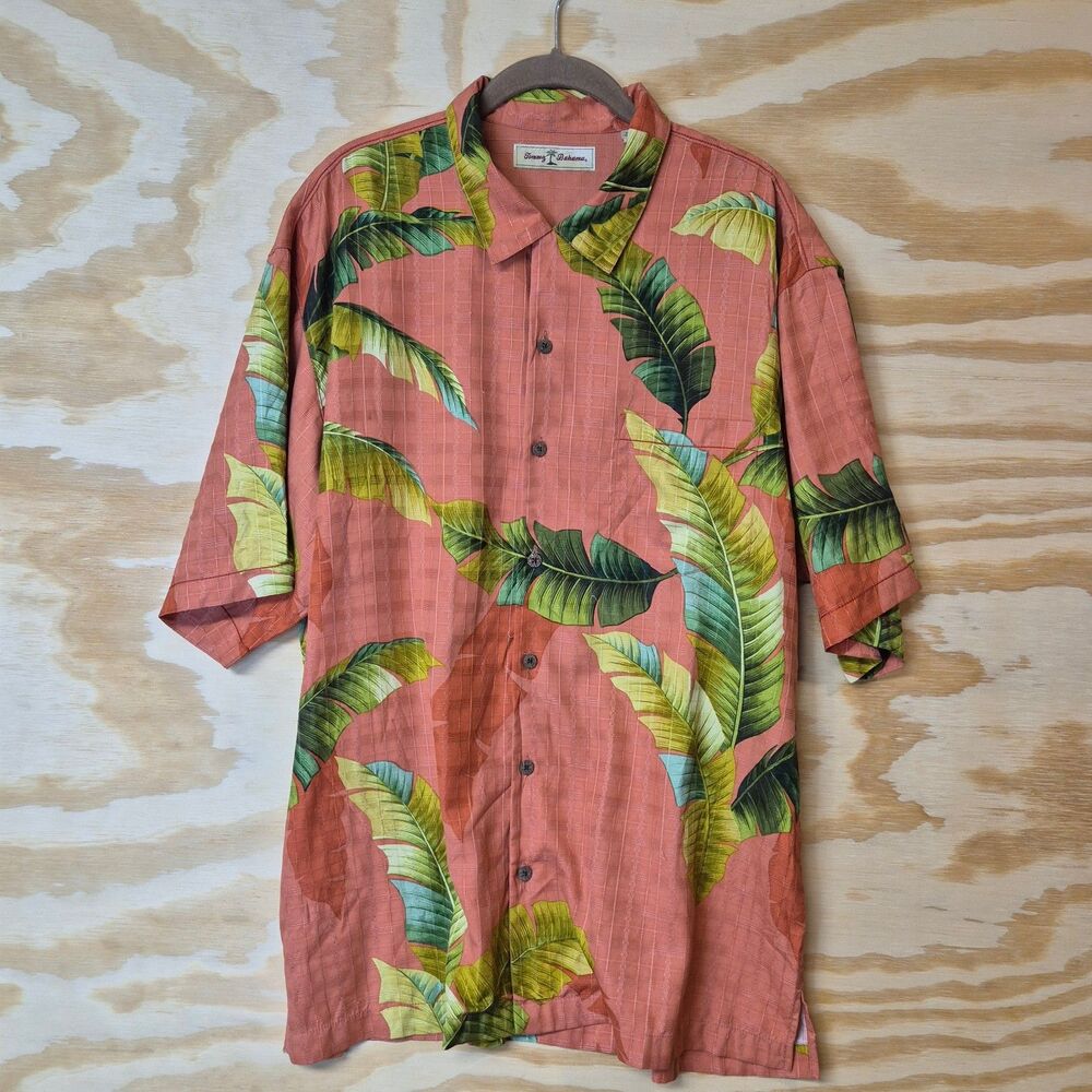 Tommy Bahama 2 Men's 100% Silk Hawaiian Shirt Tropical Palm Leaf Coral Size L